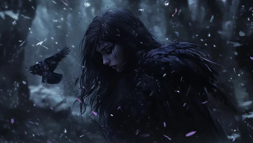 Solitary dark-haired woman with raven in stormy night forest.