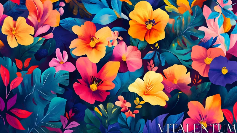 Vibrant Digital Floral Composition with Layered Blooms and Teal Foliage.