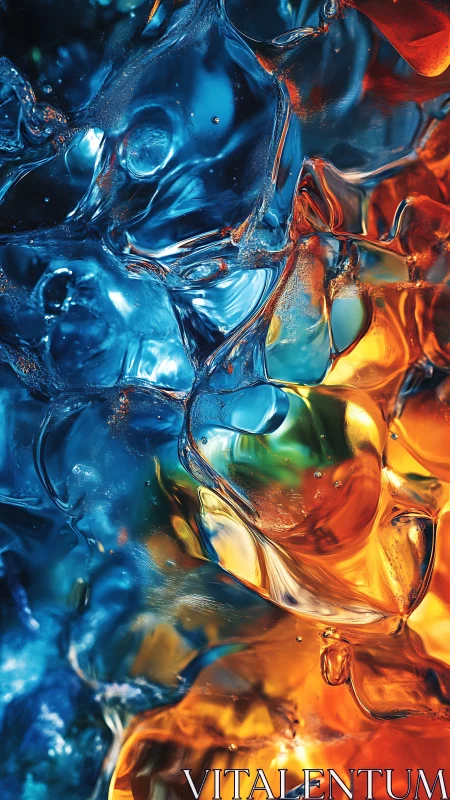 Translucent blue and orange liquid forms in close abstract view.