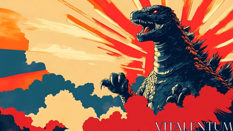 Kaiju silhouette dominates explosive sunrise skyline poster.