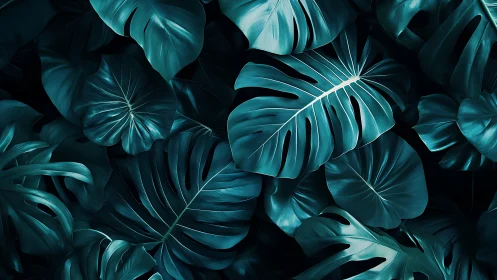Dark teal tropical monstera foliage in dense layout.