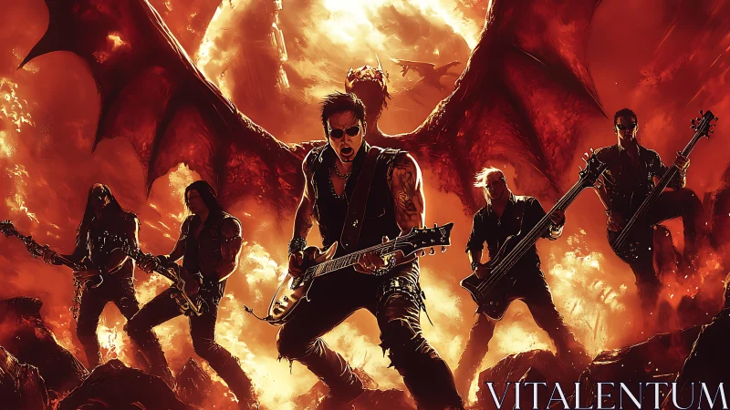 Rock band with guitars before large winged creature silhouette.