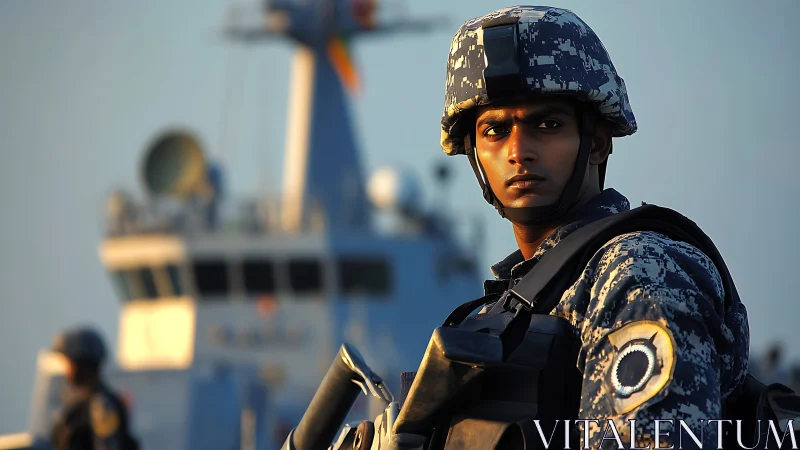 Calm-eyed naval guard watching the horizon with quiet focus.