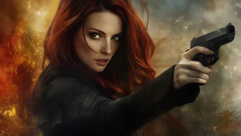 Red haired tactical agent aiming pistol amid fiery blast