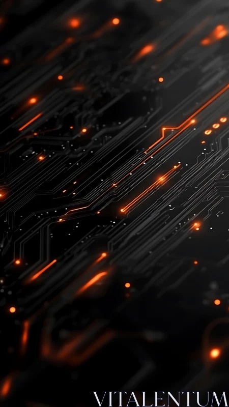 Dark circuit board surface shows linear traces and orange lights