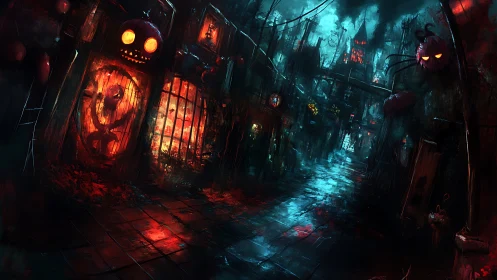 Storm-lit haunted alley glows with eerie jack-o-lantern light
