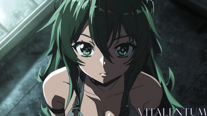 Overhead anime portrait with dramatic raking light and shadows.