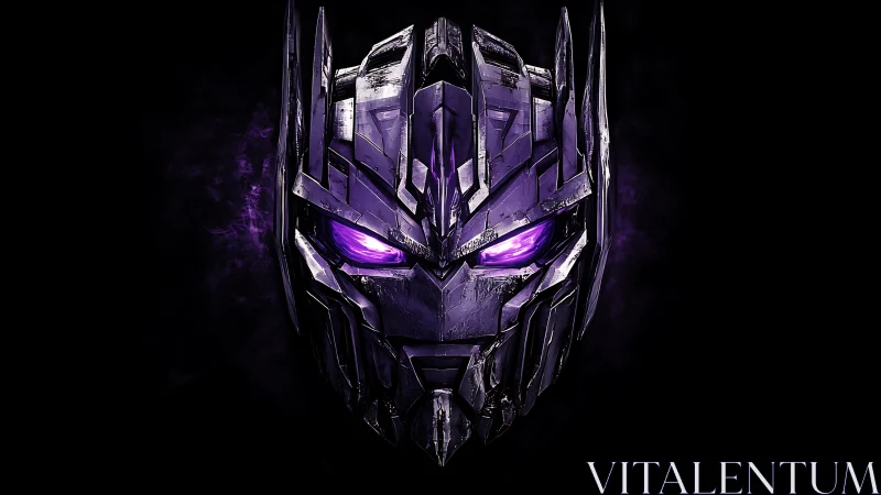 Midnight mech guardian with glowing violet stare.