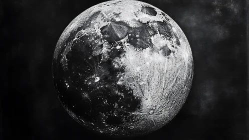 Monochrome lunar surface study with cratered hemisphere.