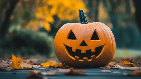 Carved jack o lantern pumpkin on autumn leaves outdoors.