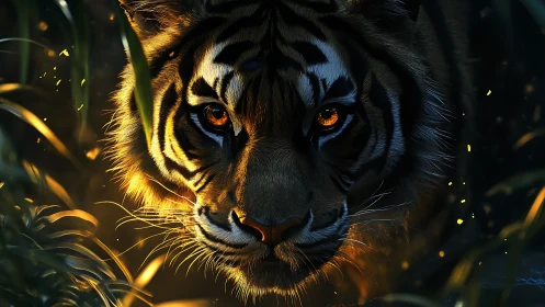 Digital painting close-up of tiger in dramatic rim lighting.