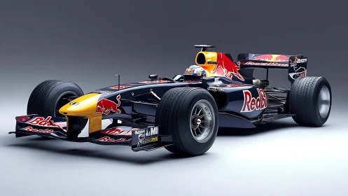 Red Bull Formula 1 race car studio view on gray background.