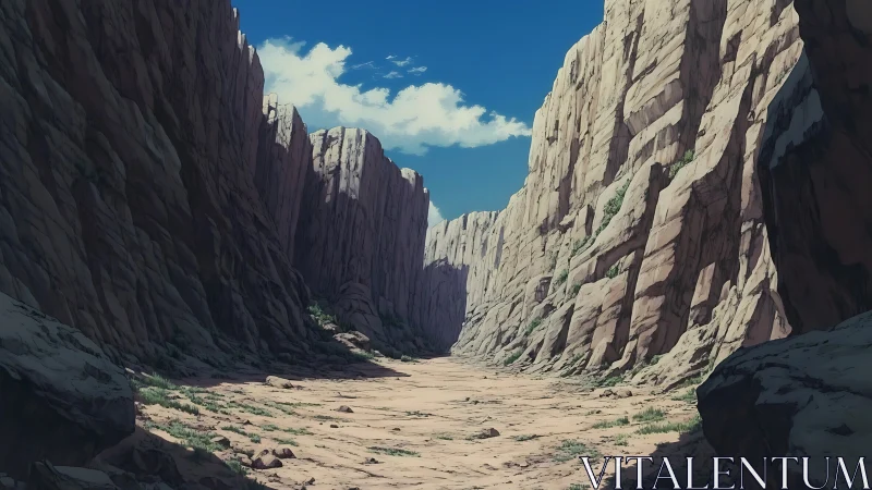 Eroded sandstone canyon corridor under high-noon illumination.