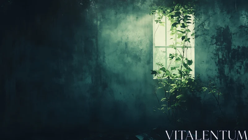 Sunlit overgrown window breaks through decayed dark room.
