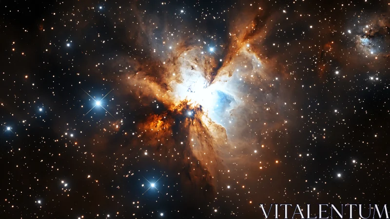 Stellar nursery nebula with ionized gas plumes and dust lanes.