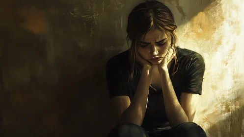 Young woman sitting in shadowed corner, pensive mood.