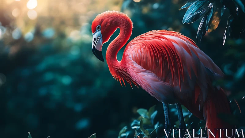 Flamingo stands in lush foliage under soft diffused light