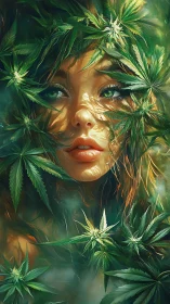 Emerald forest muse framed by luminous cannabis leaves.