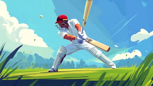 Cricketer drives ball across vivid sunlit outfield.