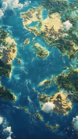 Sunlit fantasy archipelago floating in turquoise seas.