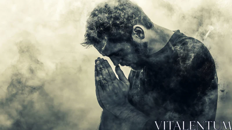 Man in deep prayer surrounded by smoky atmospheric haze.