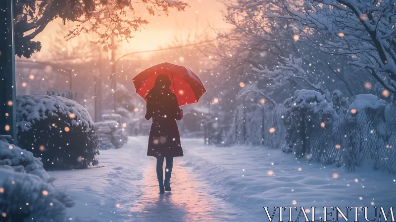 Solitary figure with red umbrella in glowing winter snowfall.