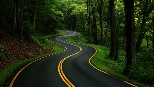 Curving two-lane asphalt road through dense green forest.