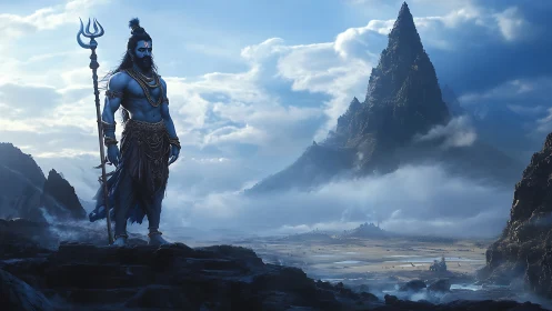 Mythic blue warrior stands before misty sacred mountain.