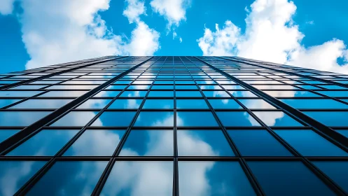 Photorealistic glass façade with vanishing point symmetry.