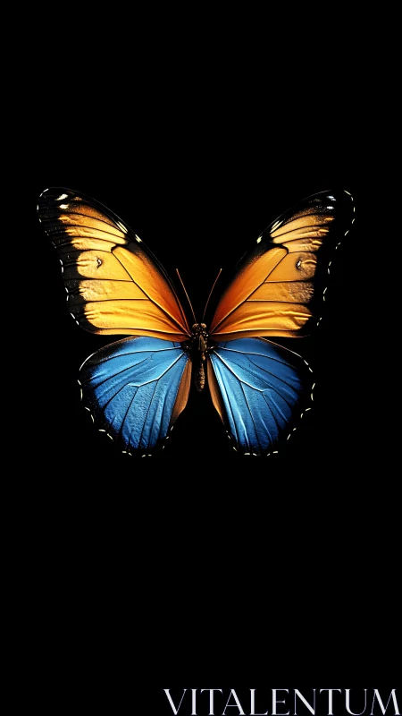 Orange and blue butterfly on black isolated background.