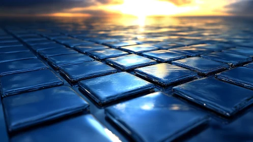 Reflective blue tiles extend toward luminous ocean horizon