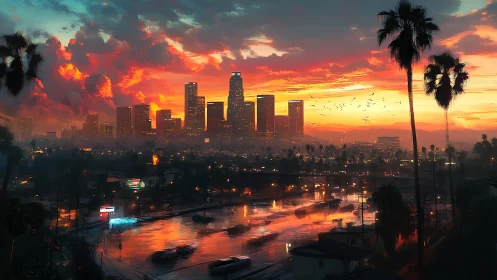 Sunset city glow over palm-lined riverside streets.