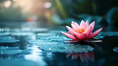 Serene pink water lily glowing on a reflective pond surface.