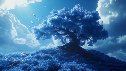 Solitary blue tree on hill under bright clouds and light.