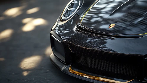 Carbon fiber Porsche front detail shows material and reflections