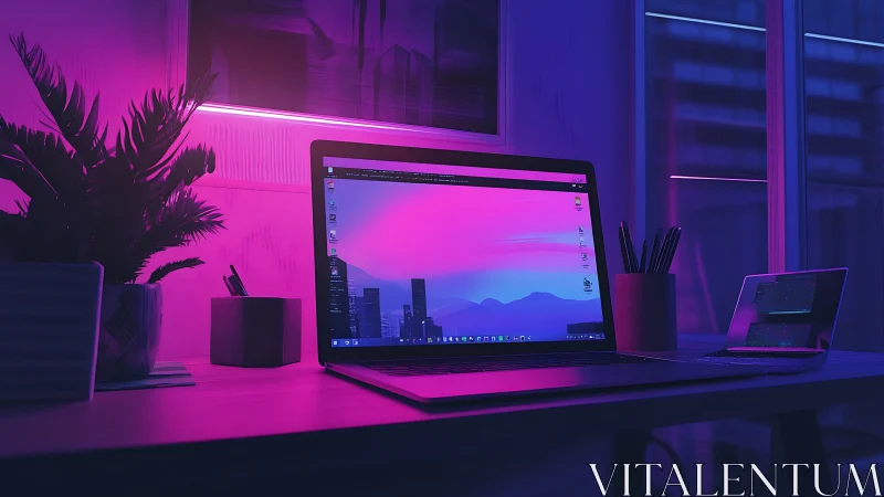 Neon-soaked laptop sanctuary in magenta and midnight blue glow.