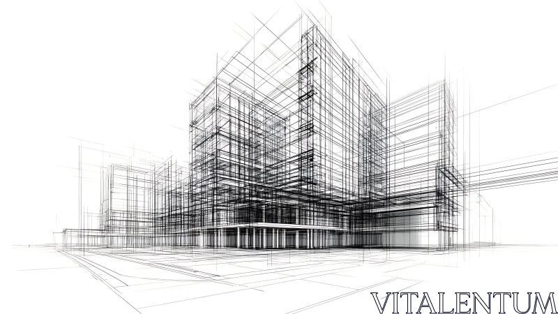 Modern high-rise mixed-use building architectural wireframe concept drawing