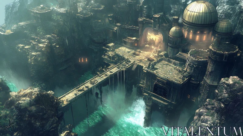 Fantasy cliffside fortress with domed observatory architecture.