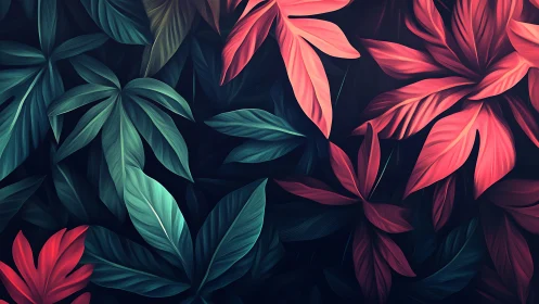 Tropical foliage pattern with teal and red stylized leaves.