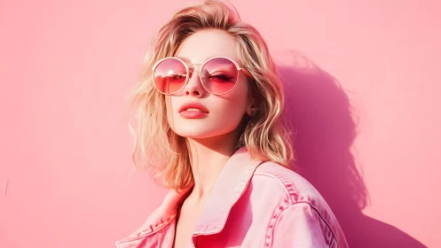 Blush horizon muse in oversized rose sunglasses posing coolly.