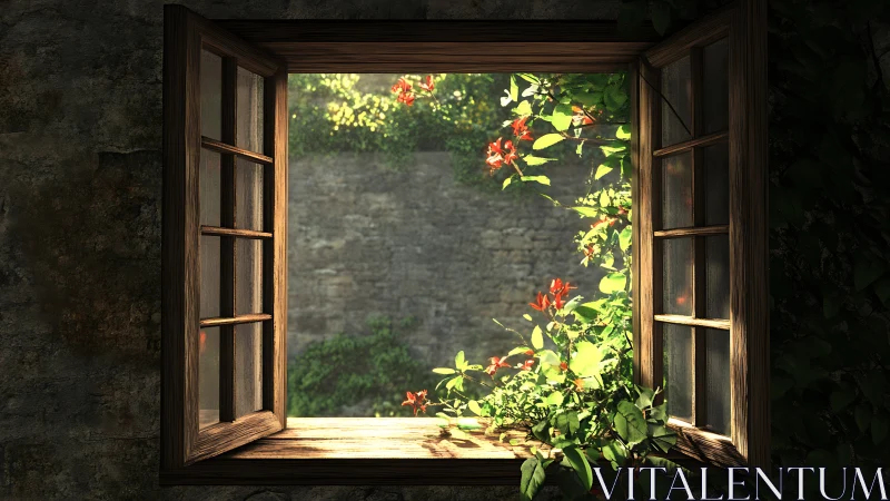 Rustic wooden window opening onto sunlit garden view.
