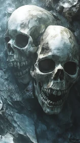 Ancient stone skulls sharing eerie whispers in the dark.