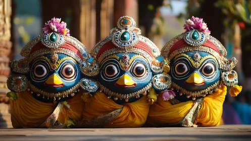 Ornate wooden deity figures arranged in symmetrical row.