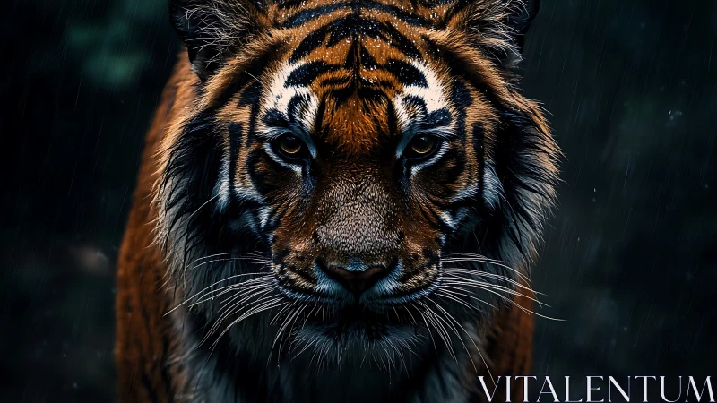 Tiger portrait under rainfall uses low key frontal lighting