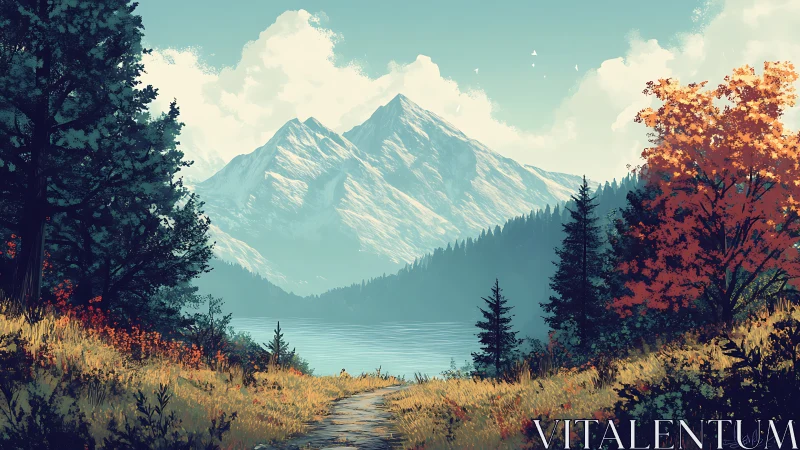 Mountain lake path through autumn forest landscape.