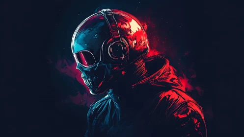Cybernetic skull rider in reflective helmet and red neon glow