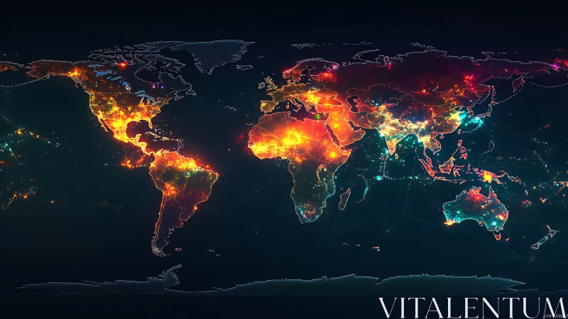 Luminous world map glowing with dense urban heat patterns.