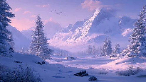 Blush-tinted alpine hush under lavender winter light.