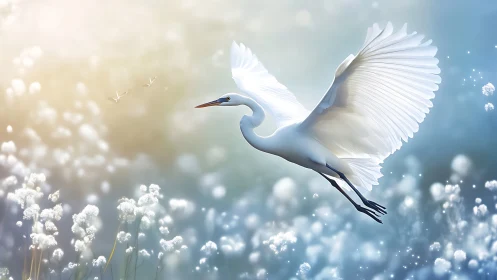 White heron in flight above flowering plants under bright sky