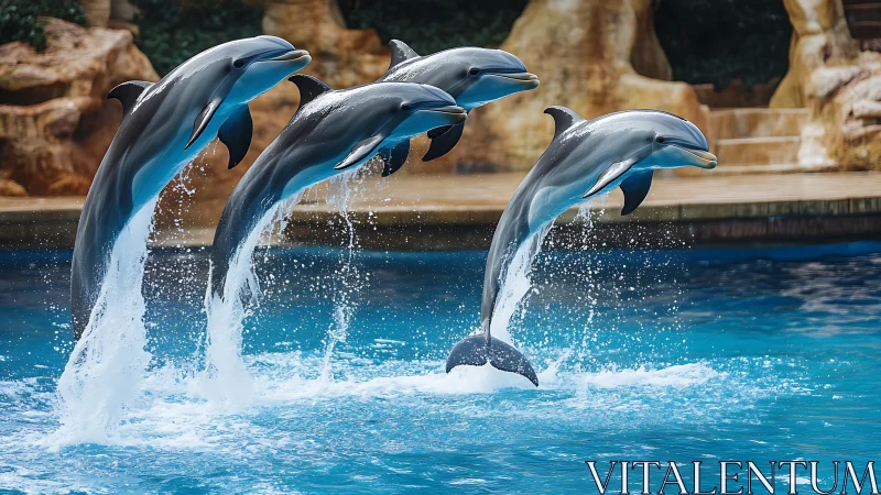 Four dolphins arc through bright pool water in unison.
